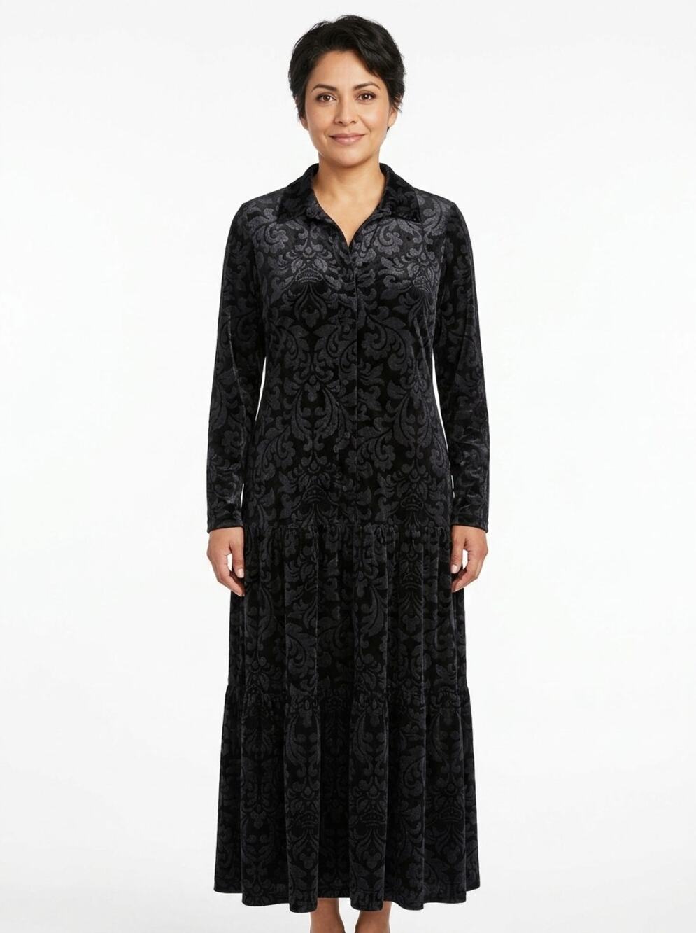 Bendigo Impressions Black Collared Maxi Knit Shirt Dress Women Size L